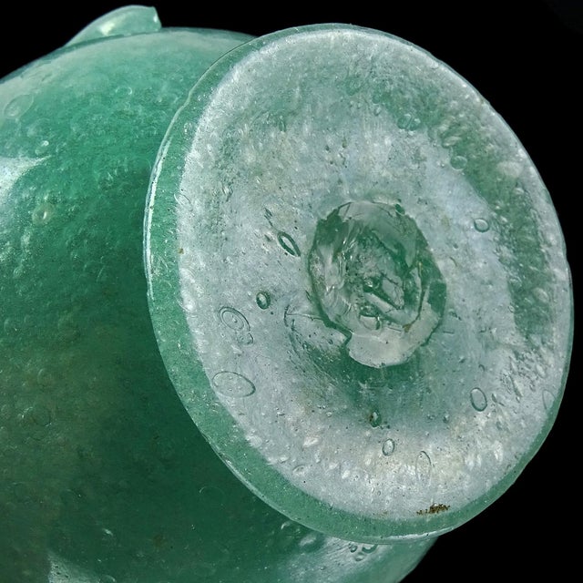 Teal Antique Murano Avem 1932 Pulegoso Teal Green Bubbles Italian Art Deco Glass Footed Flower Vase For Sale - Image 8 of 9