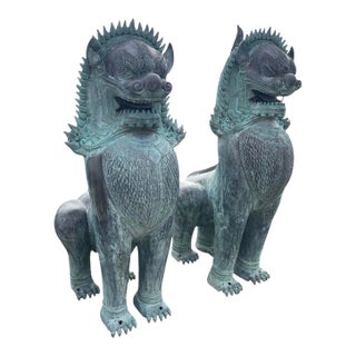 1990s Monumental Pair of Southeast Asian Verdigris Bronze Guardian Lion Statues For Sale