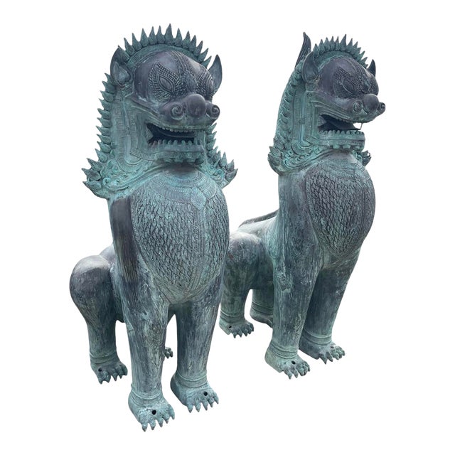 1990s Monumental Pair of Southeast Asian Verdigris Bronze Guardian Lion Statues For Sale