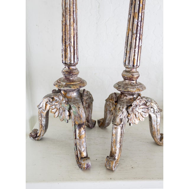 Silver Silvered Giltwood Italian Baroque Altar Prickets Candle Stands 18th Century For Sale - Image 8 of 15