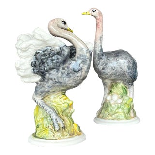 Vintage Boho Glazed Ceramic Ostrich - a Pair For Sale