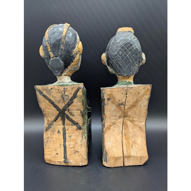 Green Antique Javanese Folk Art "Loro Blonyo" Wedding Statues For Sale - Image 8 of 9