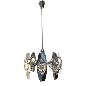 Mid Century Italian Chrome and Murano Glass 8 Light Chandelier by Oscar Torlasco