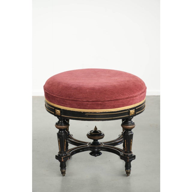 Antique English Stool with Red Fabric Seat and Black Wooden Base with Gold-Colored Details For Sale - Image 4 of 12