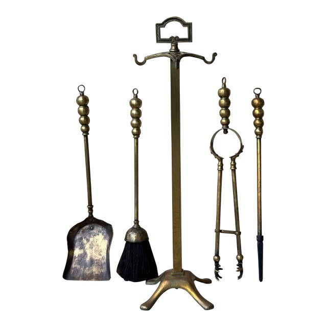 20th Century Brass Neoclassical Standing Fireplace Tool Set For Sale