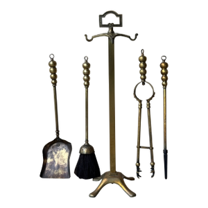 20th Century Brass Neoclassical Standing Fireplace Tool Set