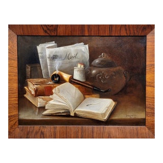 Thomas Oxley Miller -Still Life W/ Books,Newspaper & a Pipe-19th Century Oil Painting For Sale