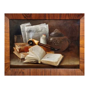 Thomas Oxley Miller -Still Life W/ Books,Newspaper & a Pipe-19th Century Oil Painting