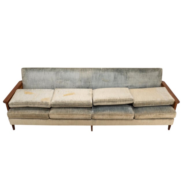 Pistachio 1960s Mid Century Modern Caned Walnut Velvet Long Sofa for Reupholstery 101" For Sale - Image 8 of 16