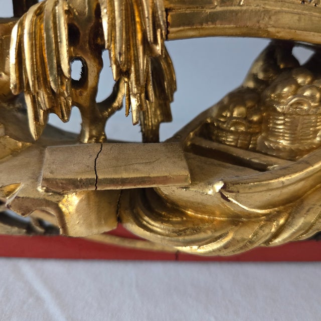 Antique Chinese Giltwood Panel Relief Carving Landscape Scene Red Lacquer Borders and Back For Sale - Image 17 of 18