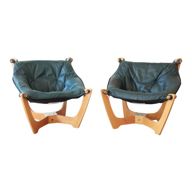 Odd Knutsen Teak Luna Chairs in Green Aniline Leather a Pair Chairish