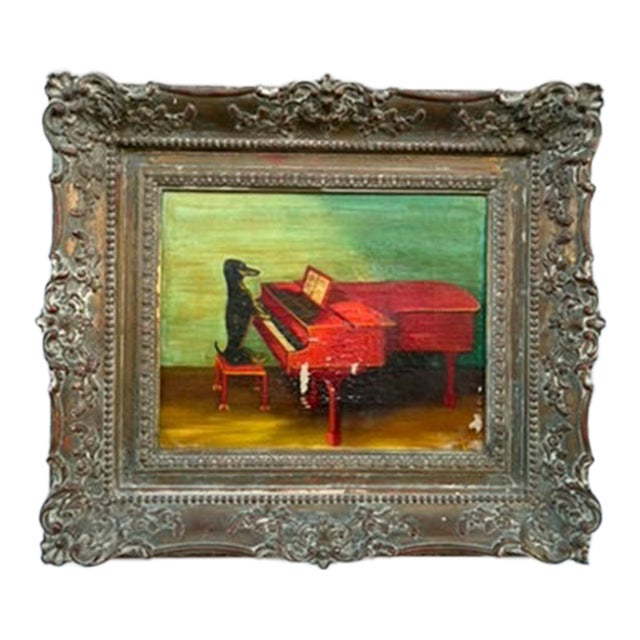 Antique Dog Playing Piano Oil Painting For Sale