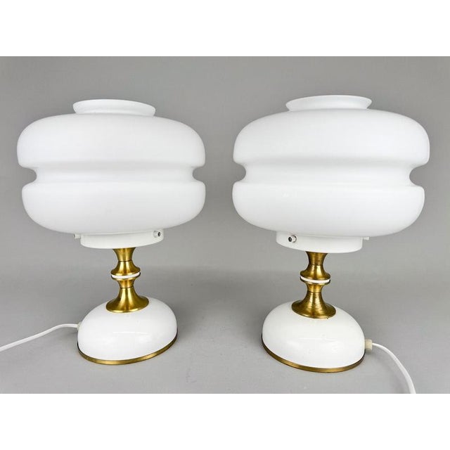 Milk Glass & Brass Table Lamps attributed to Napako, Czechoslovakia, 1970s, Set of 2 For Sale - Image 11 of 12
