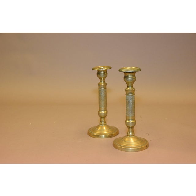 Metal French Bronze Candlesticks with Diamond-Patterned Columns, 1910s, Set of 2 For Sale - Image 7 of 8