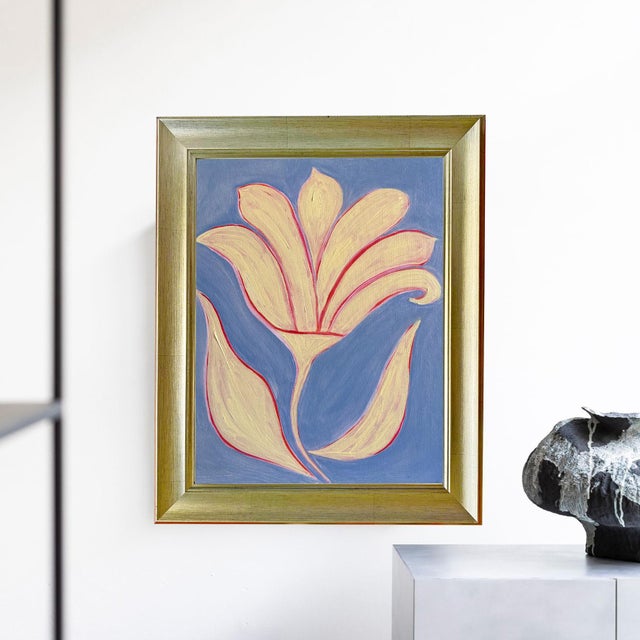 Finished in a brushed gold frame that beautifully complements the warm peach tones. Ready to hang as acquired. Medium: Oil...