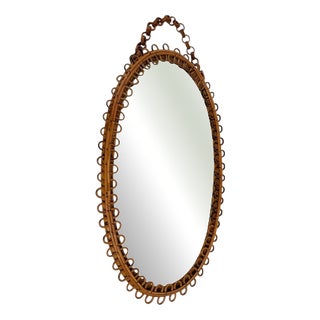 Mid-Century Modern Italian Handcrafted Oval Cane and Bamboo Mirror in the style of Albini, 1960s For Sale