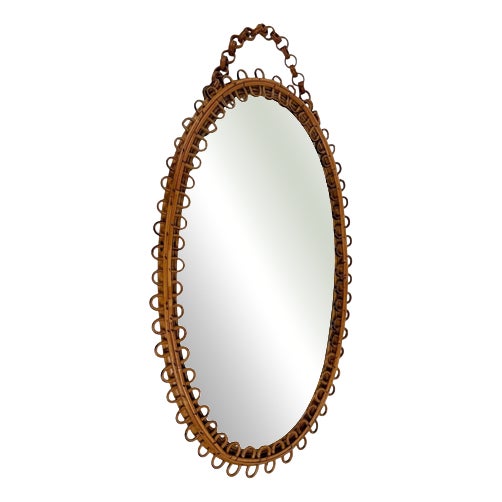 Mid-Century Modern Italian Handcrafted Oval Cane and Bamboo Mirror in the style of Albini, 1960s For Sale
