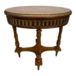 Vintage Bronze Ormolu-Mounted Oval Marquetry End or Side Table, C. 1940s For Sale
