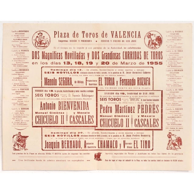 Paper 1930's Spanish Bullfighting Poster, Plaza De Toro, Valencia (Set of 4) For Sale - Image 7 of 11