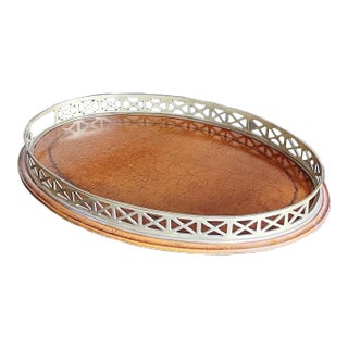 Mid-Century Oval Serving Tray With Embossed Leather and Brass Handle in Georgian Style For Sale