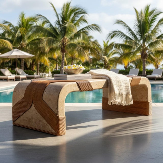 Drawing/Sketching Materials Modern Tessellated Marble & Pencil Bamboo Waterfall Style Coffee Table For Sale - Image 7 of 7