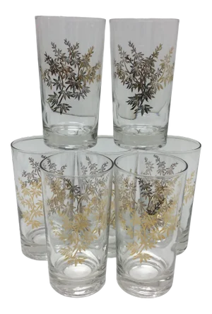 Mid 20th Century Glassware With Gold Bamboo Botanical Design - Set of 7