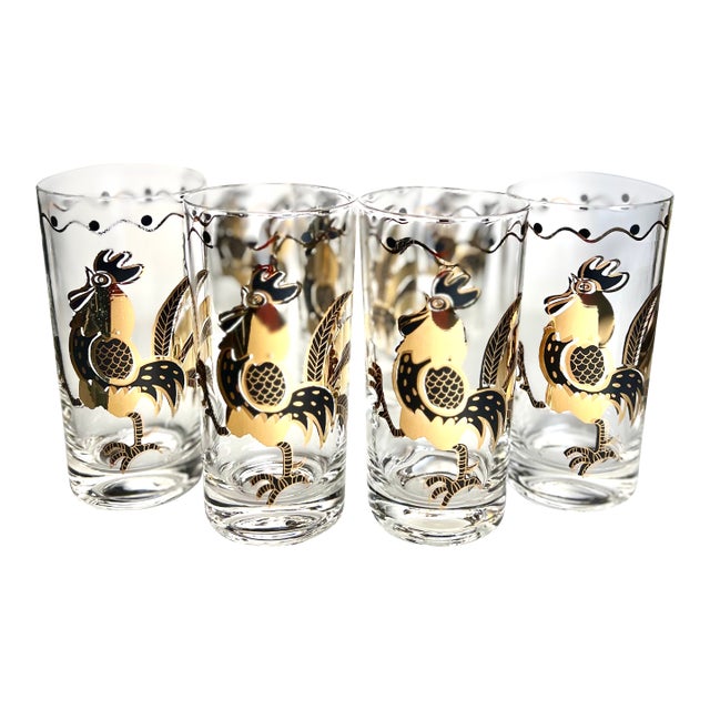 A very stylish and striking set of 8 midcentury highballs, having bold graphics depicting a striding rooster in high karat...