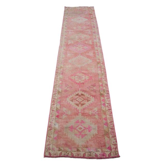 Textile Vintage Turkish Hand-Knotted Runner Rug Pink Hallway Kitchen Decor - 2′6″ × 11′5″ For Sale - Image 7 of 12