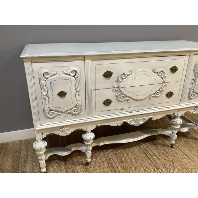 Painted White Buffet Sideboard Server Carved Relief Stretcher Base