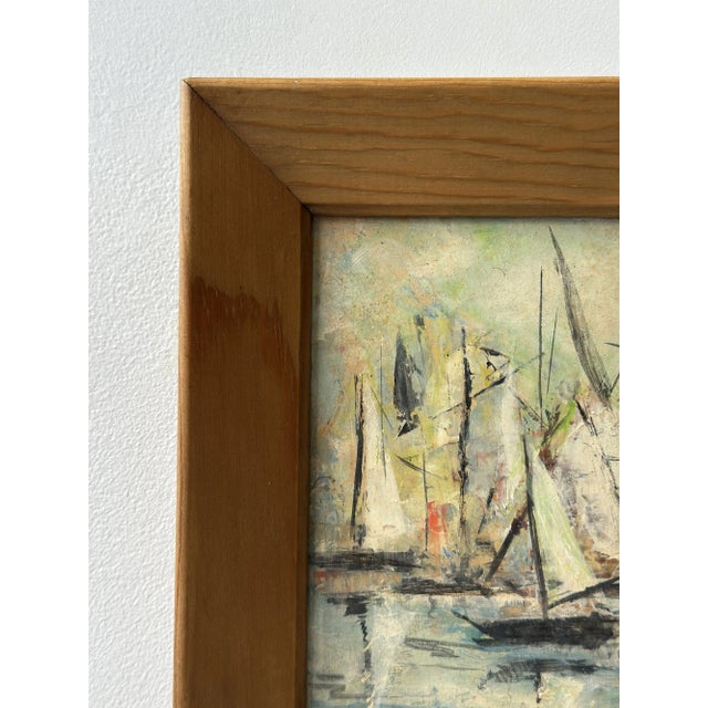 Blue Vintage Framed Impressionist Oil on Board Painting of Sailboats, Circa 1974 For Sale - Image 8 of 16