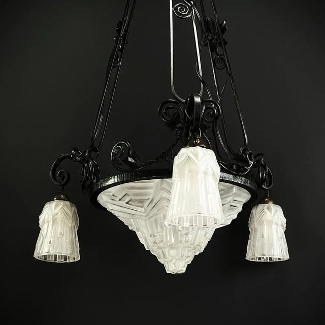 Art Deco Wrought Iron Ceiling Lamp, 1930s For Sale - Image 4 of 11