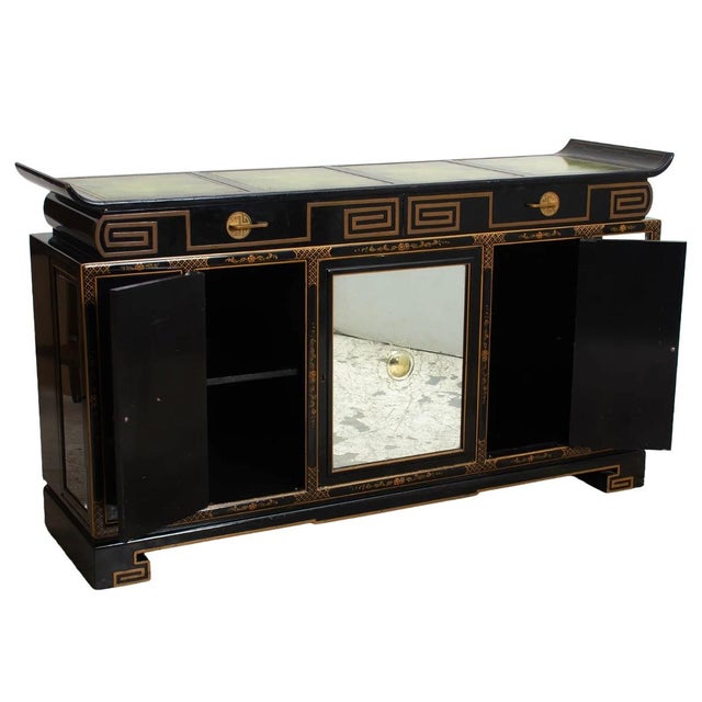 Black Lacquered & Gilt Decorated Details /Green Leather Top Sideboard / Server For Sale - Image 4 of 12