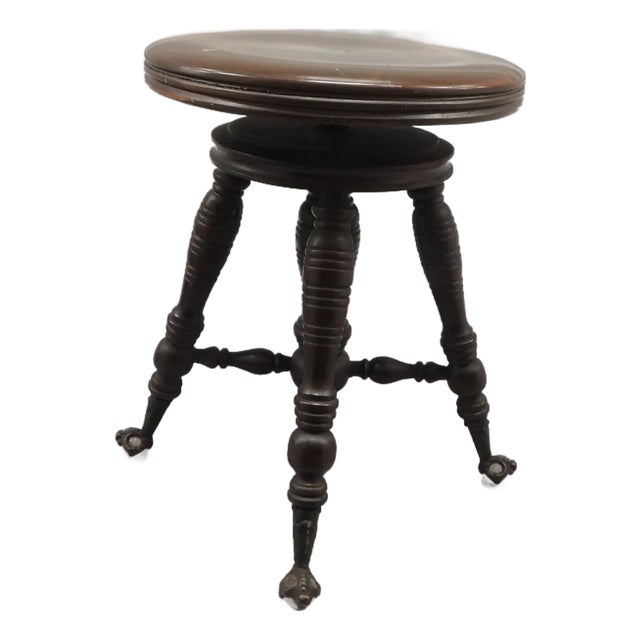Antique Round Victorian Wood Swivel Piano Stool With Claw & Ball Feet For Sale