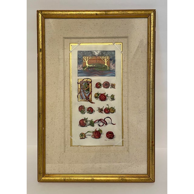 Mixed media By Montana artist Cathy Weber (born Indiana, mid 20th century) "Red Object Poem" watercolor and gold leaf on...