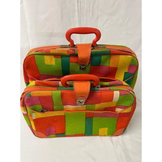 Pair of 1960's Vintage Hippie Pop Art Suitcases by Gimbels. Fun psychedelic groovy pattern. Dimensions: Height: 15 in...