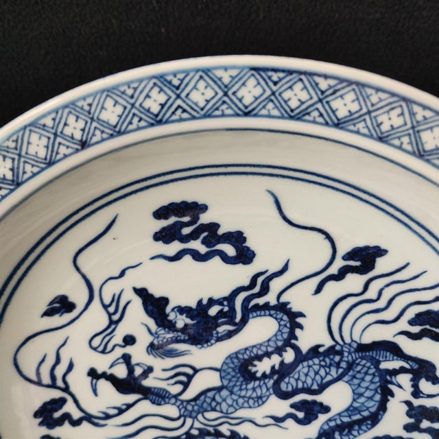 Chinese Ceramic Plate,Xuande Marked Blue and White Porcelain Plate Hand Painted Dragon Pattern For Sale - Image 4 of 10