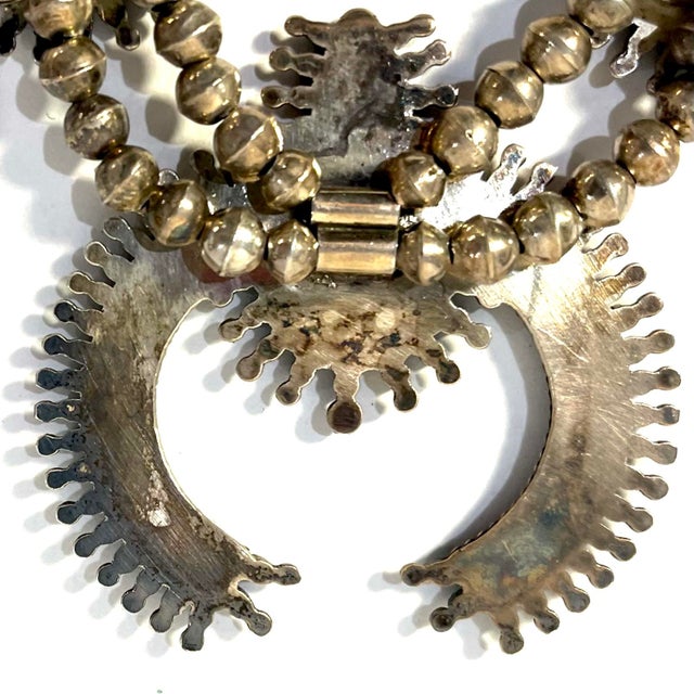 Vintage Zuni Squash Blossom Sterling Silver Turquoise Necklace With Earrings Set For Sale - Image 10 of 12