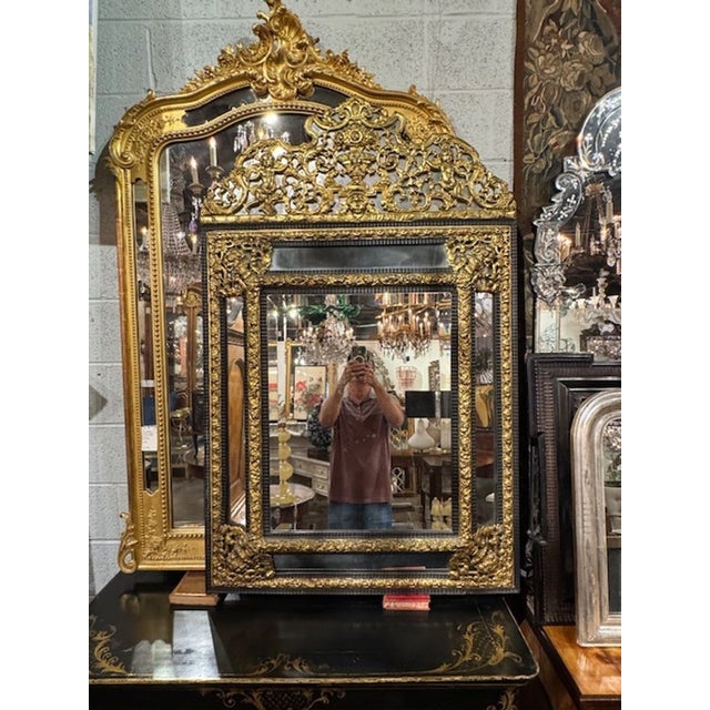 Traditional 19th Century Dutch Ebony and Brass Repousse' Cushion Mirror For Sale - Image 3 of 8