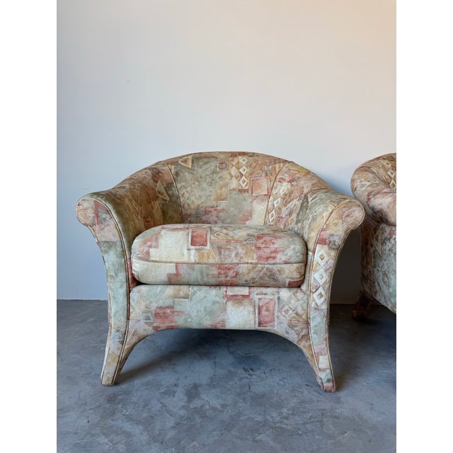 Beige 1980’s Postmodern Vladimir Kagan-Style Flare Arm Upholstered Lounge Chairs – A Pair For Sale - Image 8 of 12