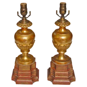1920s Traditional Carved Wood Water Gilt Lamps - a Pair