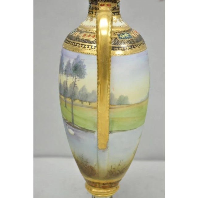 Antique Nippon Hand Painted Twin Handled Gold Gilt Lake & Swan Scene Bolted Vase For Sale - Image 9 of 17