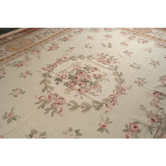 12x16 Vintage Aubusson Flat Weave Wool Rug, Louis Philippe Rose Wreath For Sale - Image 4 of 12