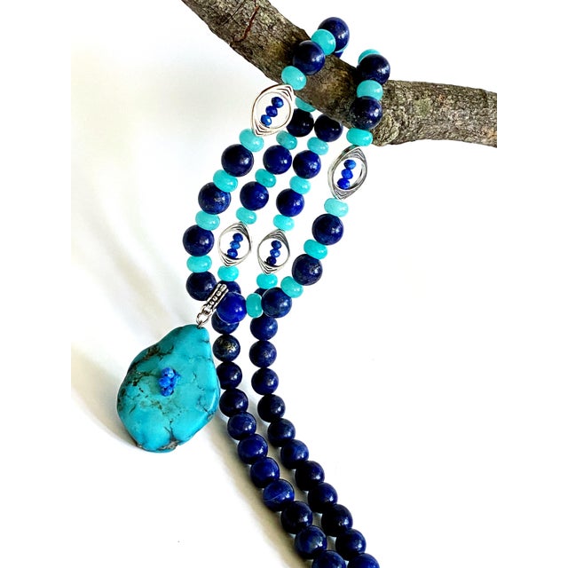 Royal Blue Artisan One-of-a-Kind Gemstone Necklace With Vintage Arizona Turquoise, Lapis Lazuli & Blue Chalcedony For Sale - Image 8 of 18