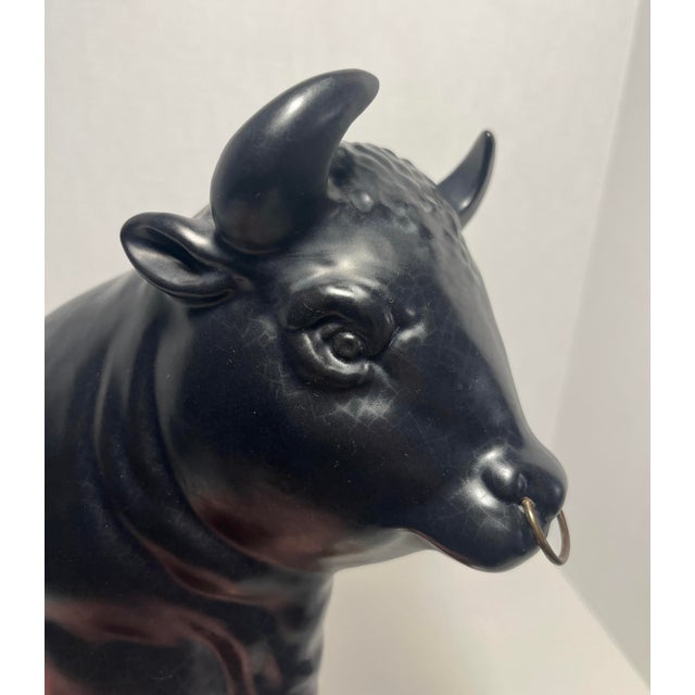 Contemporary Vintage Ceramic Black Bull Figurine With Wooden Base For Sale - Image 3 of 8