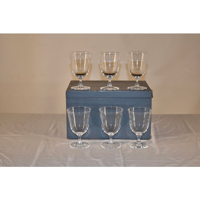 Mid-century set of 6 hand blown wine glasses by Steuben Glass in the original box from Charles W Warren and Co in Detroit...