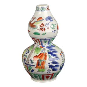 Chinese Vintage Ceramic Vase,Blue and White Famille Verte Porcelain Gourd Vase Hand Painted Figures Pattern