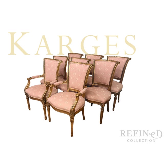 An elegant set of eight Louis XVI–style dining chairs by the esteemed Karges Furniture Company, crafted in 1984 and...
