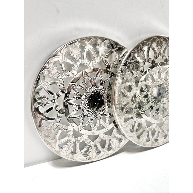 1960s Silver-Plated Pierced Trivets With Sunburst Motif – Pair For Sale - Image 4 of 5