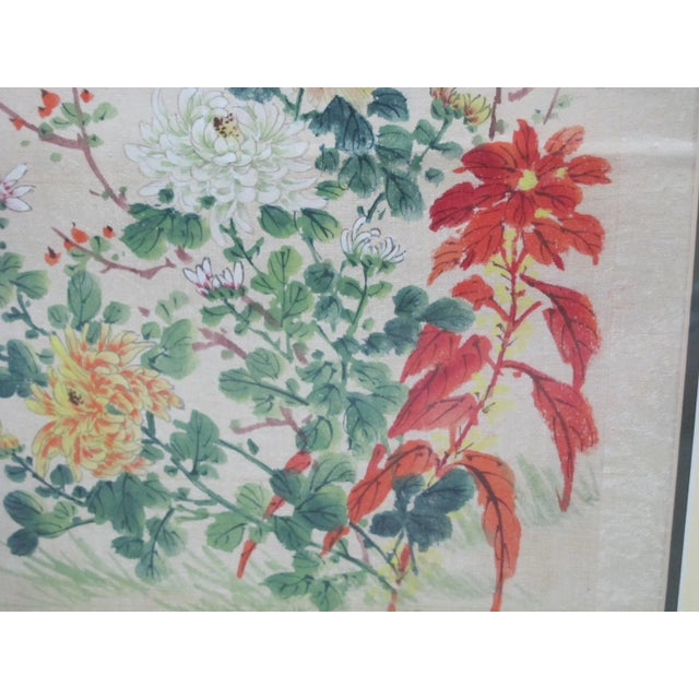 Chinese Chinese Colorful Flower Blossoms & Flying Blue Bird Framed Painting on Cloth For Sale - Image 3 of 6