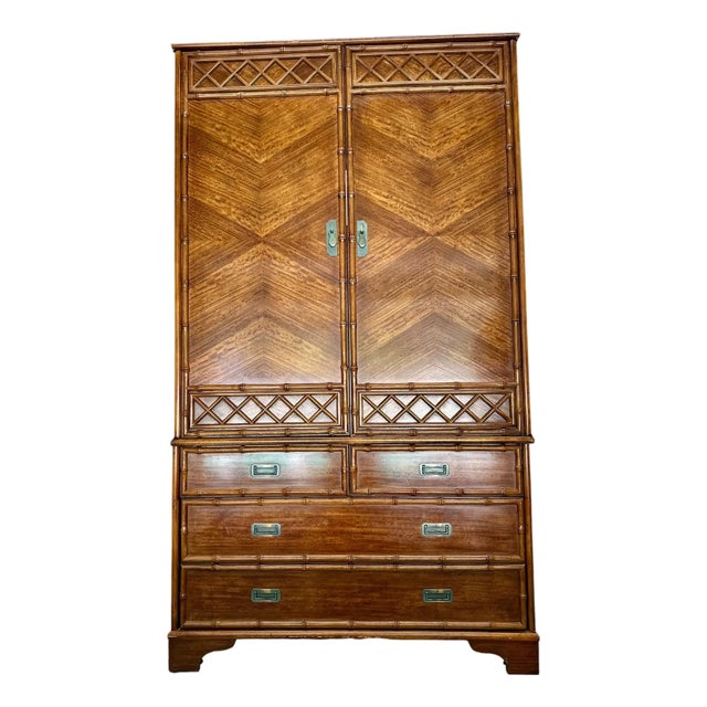2000s Drexel Heritage Faux Bamboo Armoire Draws Doors Wood Chinoiserie Tv Cabinet Two Piece For Sale - Image 15 of 15